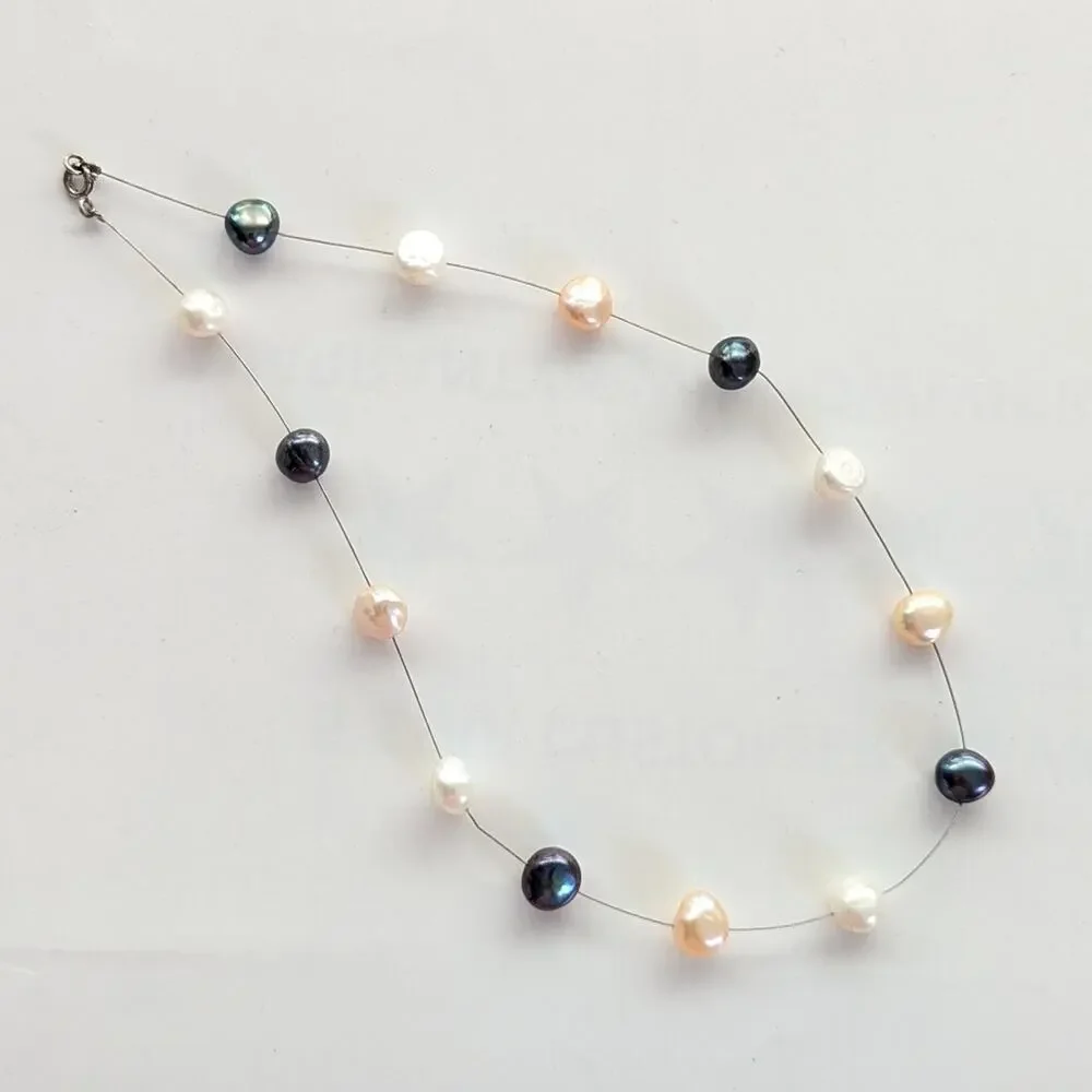 Vintage Large Pearl Memory Wire Sterling Silver Clasp Delicate Coastal Necklace